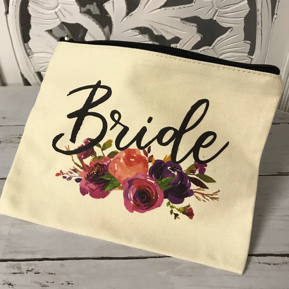 Wedding “Bride” Cotton Accessory Bag Pouch, Bride Gift, Floral Zippered Pouch